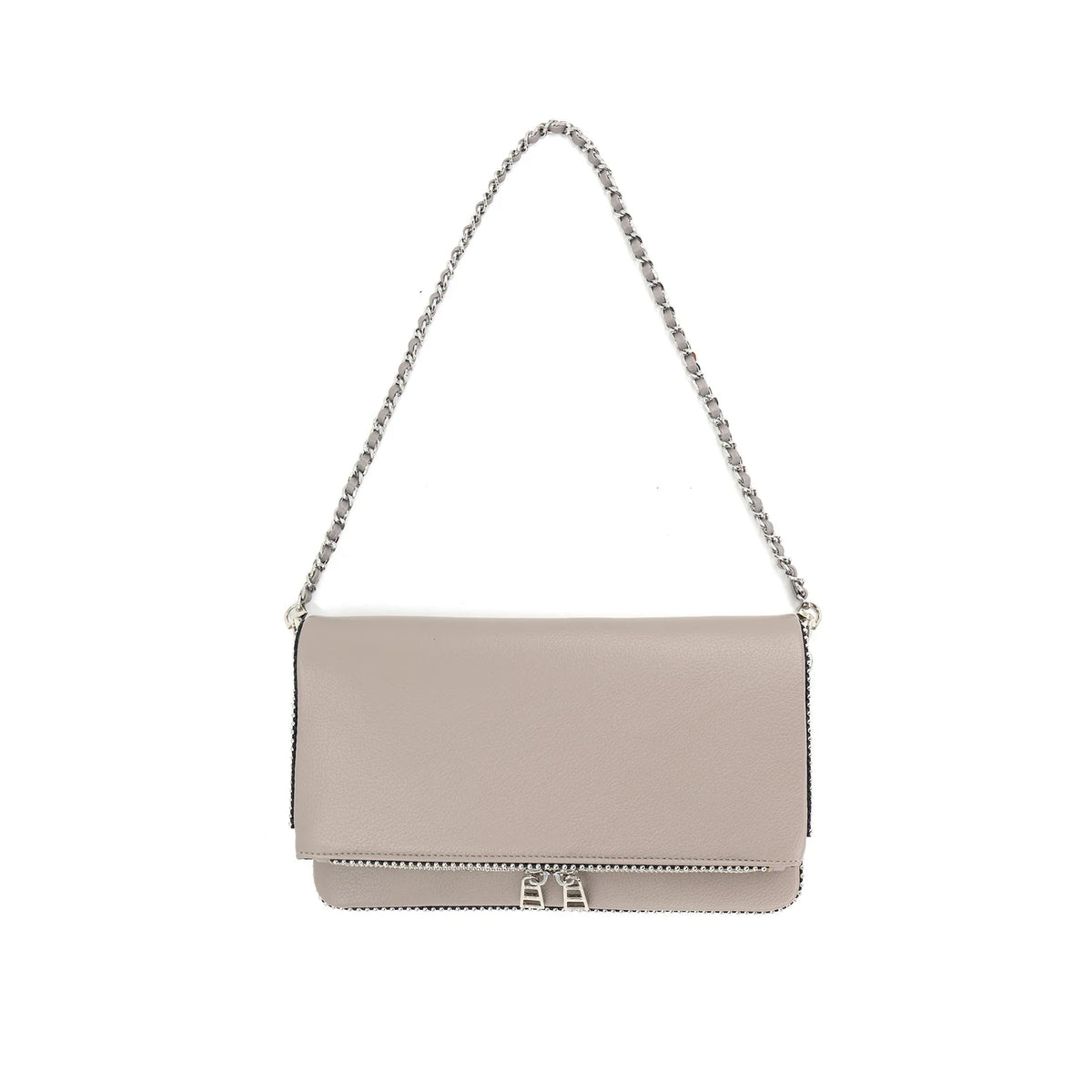 A light beige leather shoulder bag with a silver-tone chain strap and a silver-tone metal clasp on the front flap, shown against a plain white background.