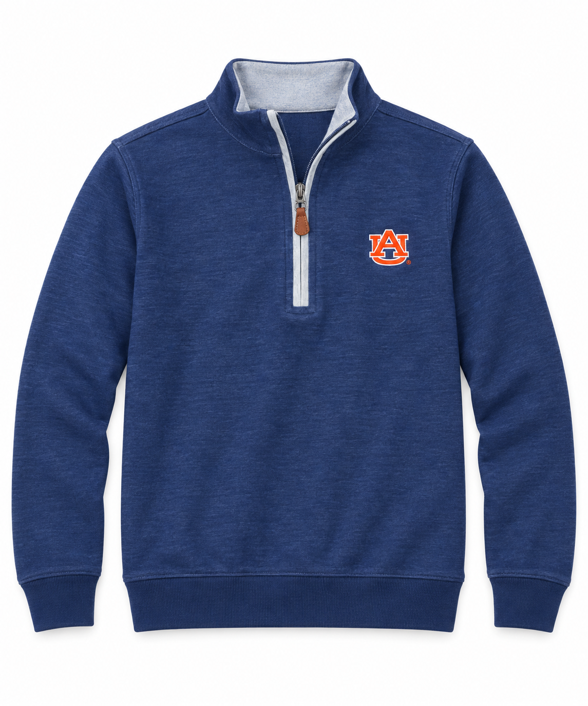 A navy blue heathered quarter-zip pullover sweatshirt with a white and gray ribbed collar, featuring an orange and white Auburn Tigers logo on the left chest.