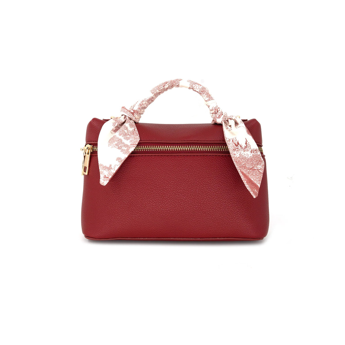 Red handbag with floral handle on a white background