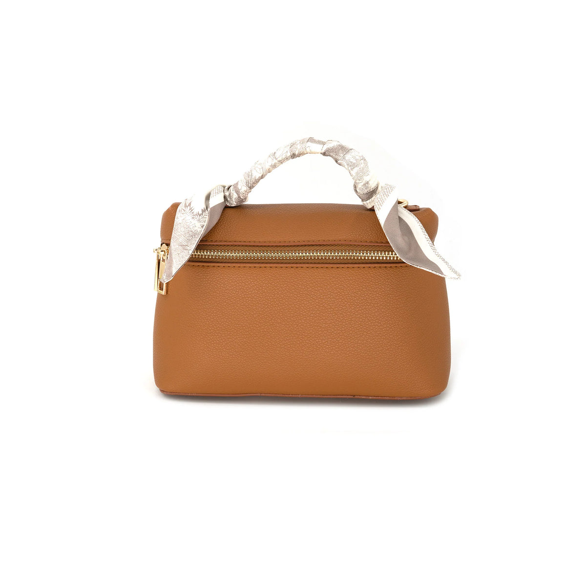 A structured brown pebbled leather handbag with a top zipper, gold-tone hardware, and a light beige patterned silk scarf tied to the handle, shown against a plain white background.
