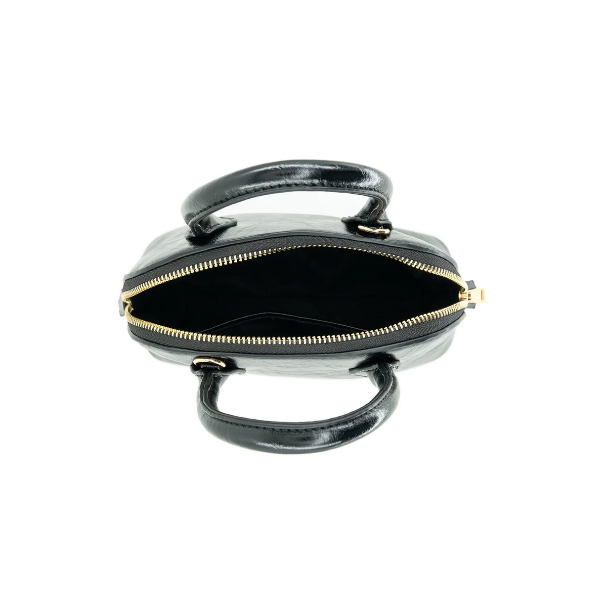 Black patent leather handbag shown from a top-down view with the main compartment open, revealing a black interior and gold-tone zipper.