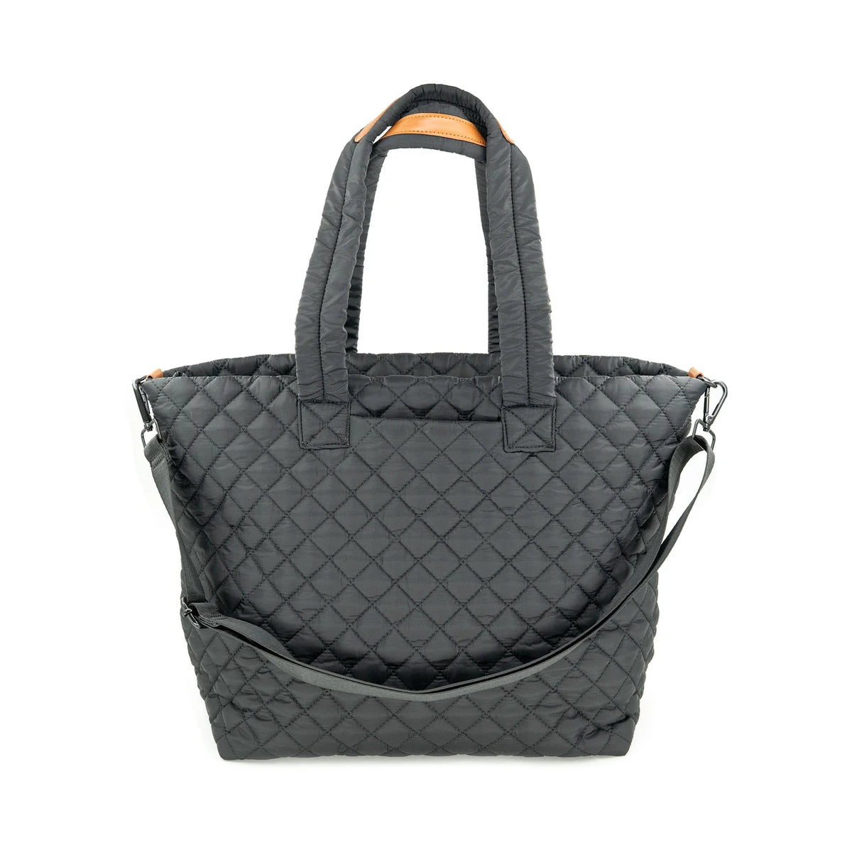Black quilted handbag with a shoulder strap on a white background