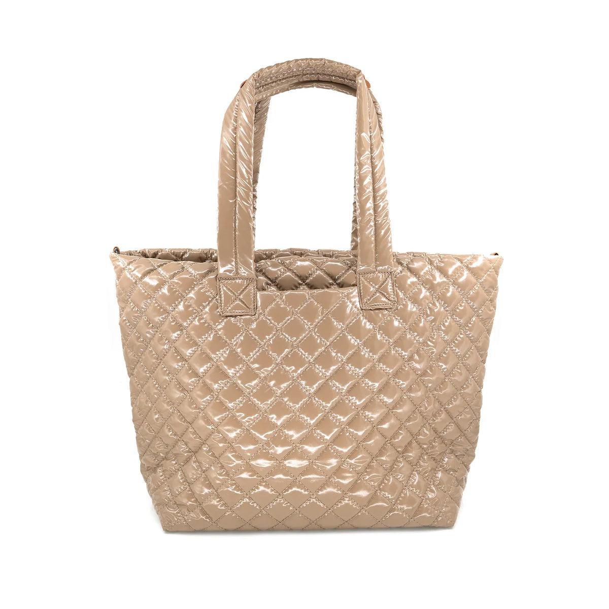 A quilted tote bag in a glossy beige patent leather finish, featuring diamond-quilted stitching and two top handles, shown against a plain white background.