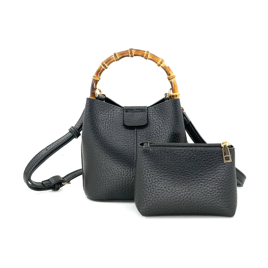Black pebbled leather handbag set with a matching zip pouch, featuring a bamboo-style top handle and a shoulder strap, photographed on a white background.