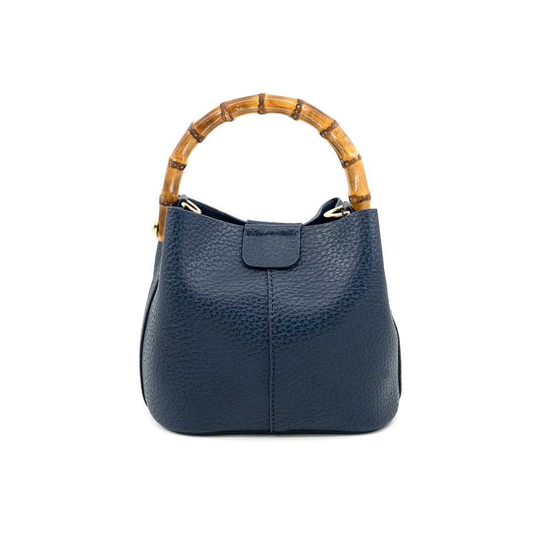 A navy blue pebbled leather handbag with a curved natural bamboo handle, shown against a plain white background.