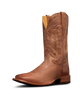 A single brown leather cowboy boot with a square toe and decorative stitched shaft, shown on a plain white background.