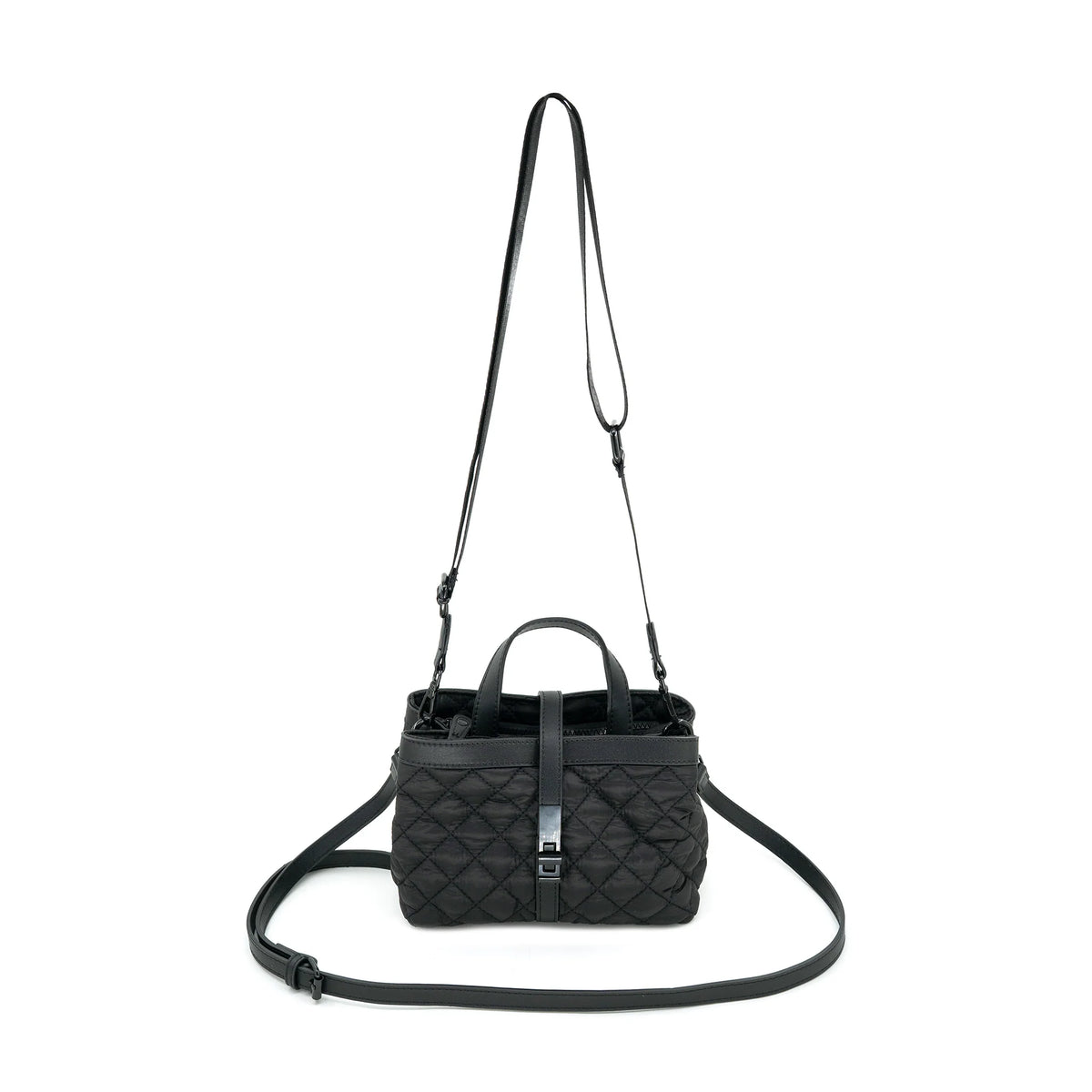 A black quilted leather handbag with a top handle, a long shoulder strap, and a detachable crossbody strap, shown against a plain white background.