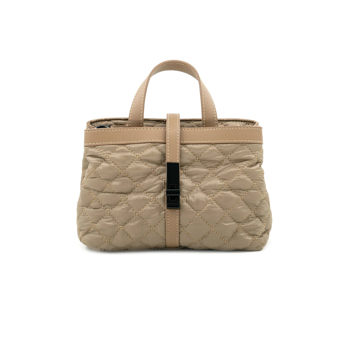A structured quilted handbag in beige faux leather with a central black accent strap, set against a plain white background.
