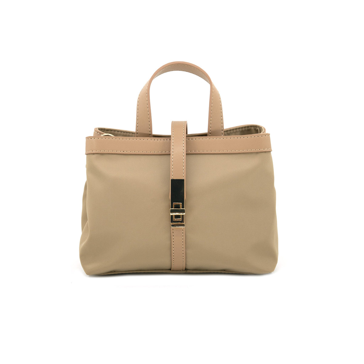 A structured beige tote bag with dual top handles, a central vertical strap, and a gold-tone buckle closure, shown against a plain white background.