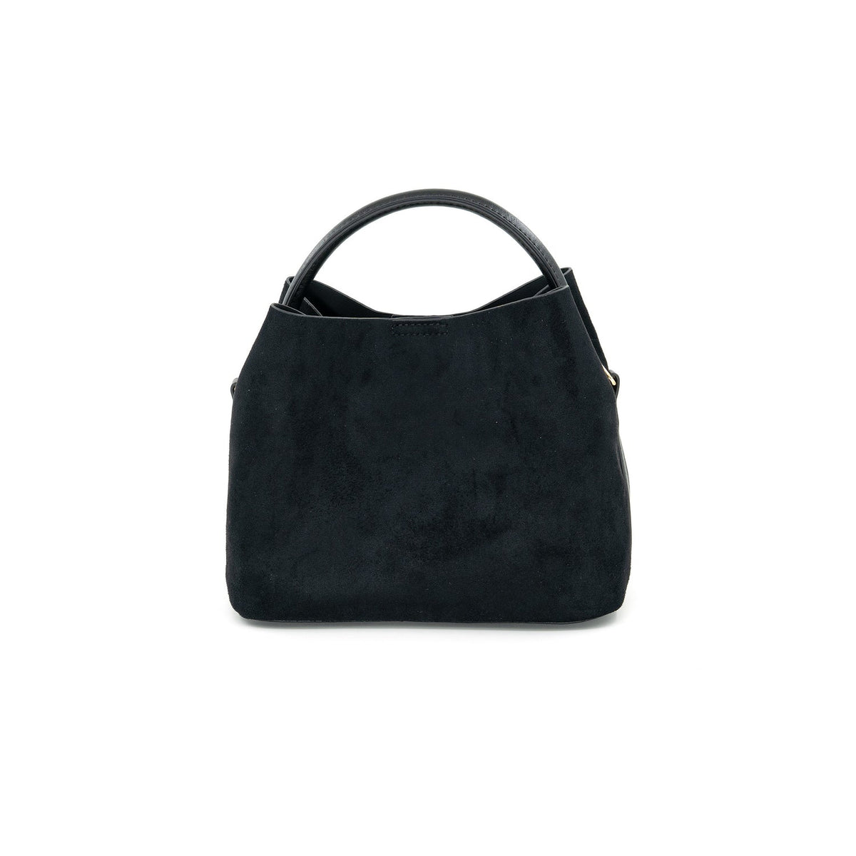 A black suede handbag with a single top handle, photographed against a plain white background.