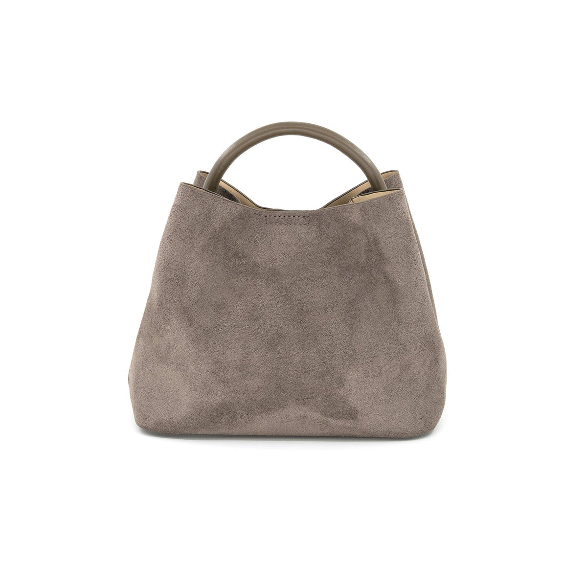 A taupe brown suede handbag with a single top handle, photographed against a solid white background.