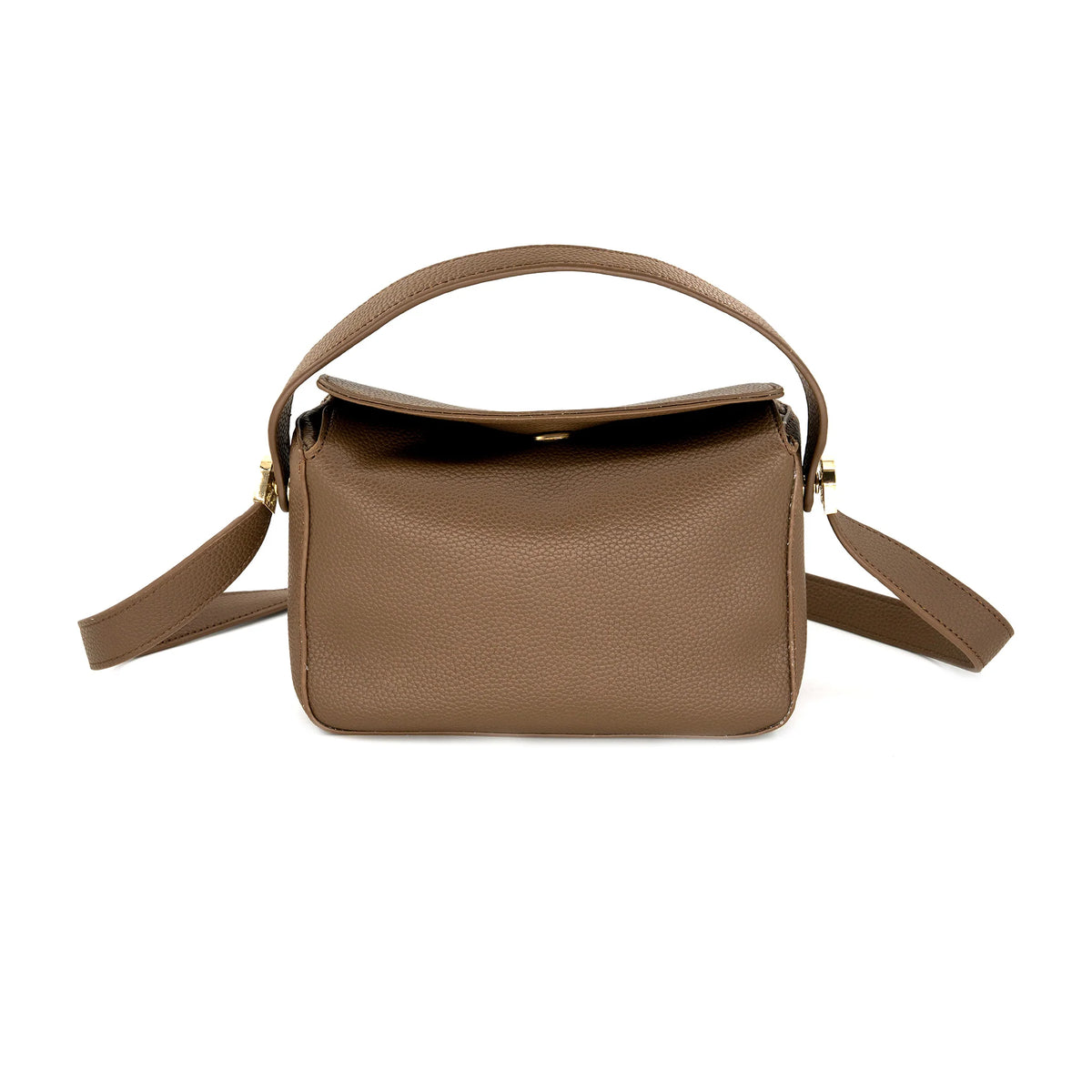 Brown leather handbag with a shoulder strap on a white background