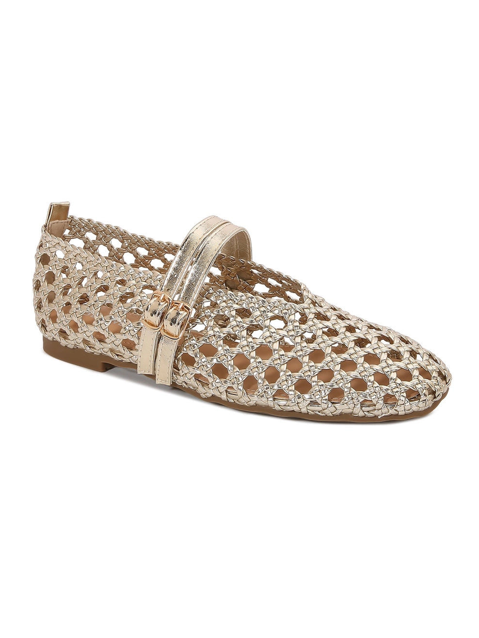 A single gold slip-on woven flat, shown in a side profile against a white background.