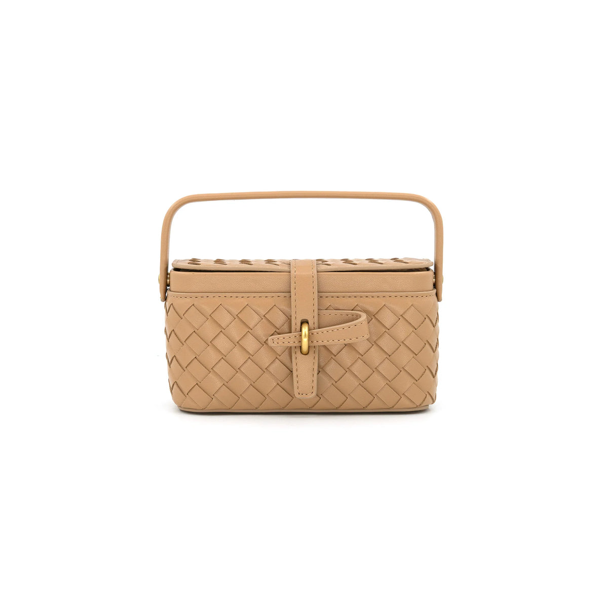 A structured woven leather handbag in tan with a top handle and a gold-tone clasp, shown against a plain white background.