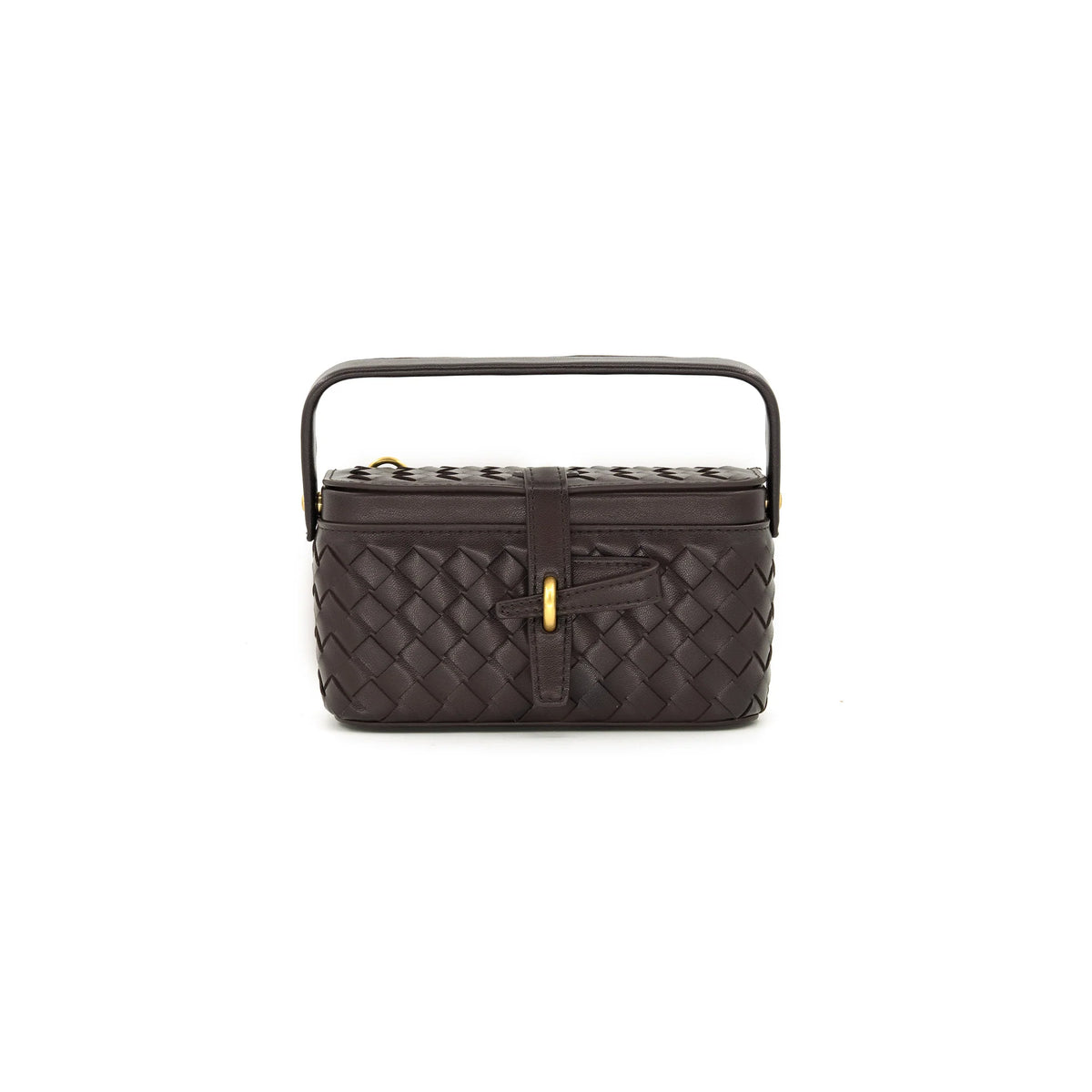 A dark brown woven leather handbag with a top handle and a front strap closure, shown against a plain white background.