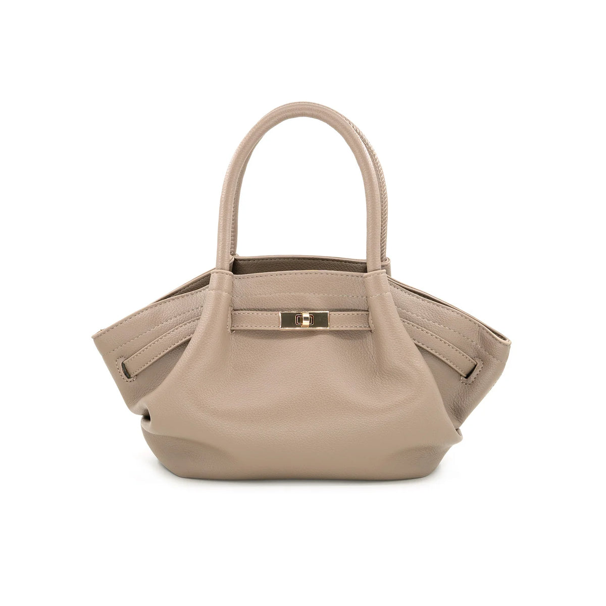 A structured taupe leather handbag with dual top handles and a gold-tone front turn-lock clasp, photographed on a clean white background.