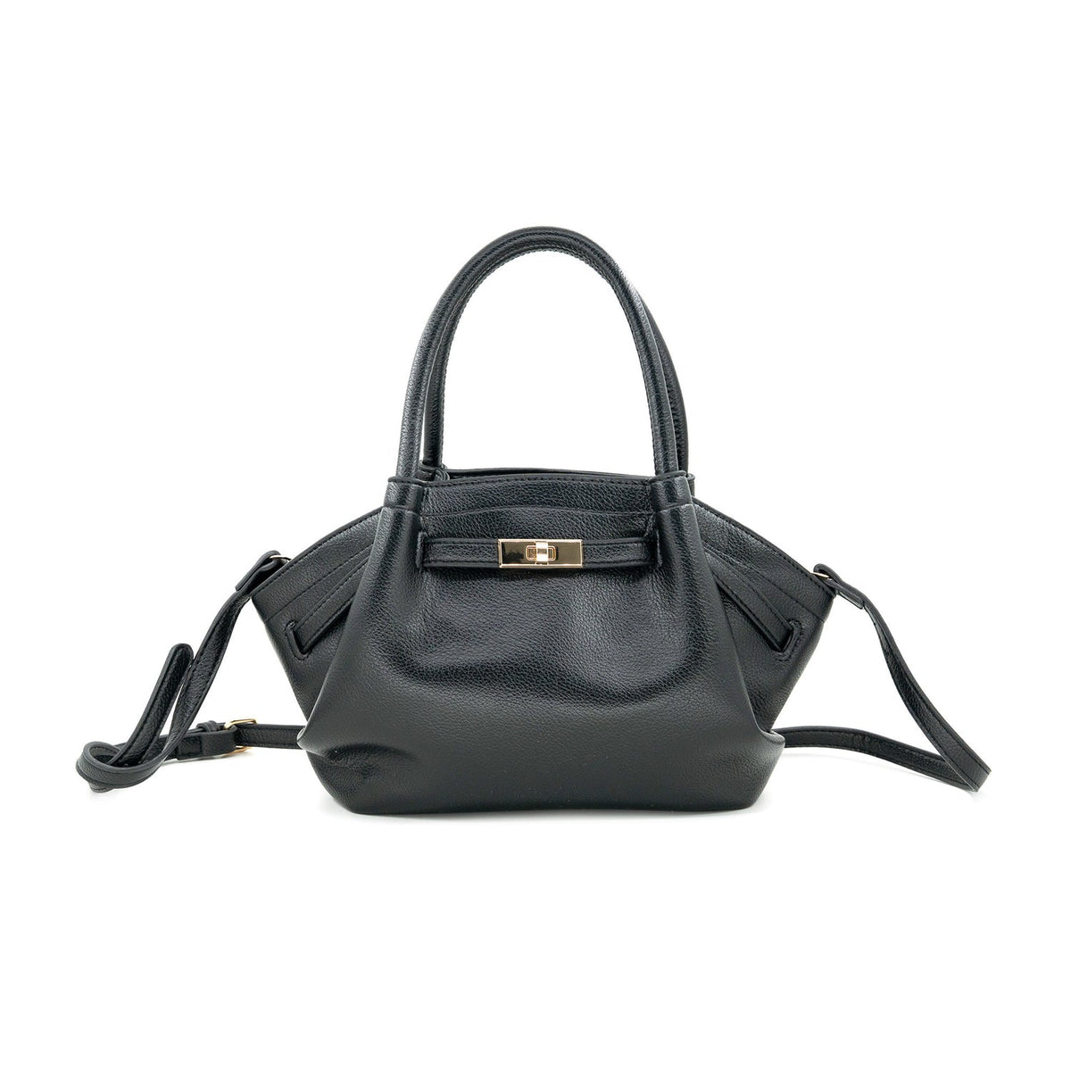 A black pebbled leather handbag with a structured silhouette, dual top handles, a front gold-tone turn-lock clasp, and a detachable shoulder strap, shown on a plain white background.