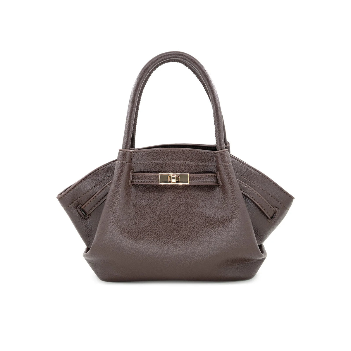 A structured taupe leather handbag with a top handle and a gold-tone turn-lock closure on the front, shown against a plain white background.