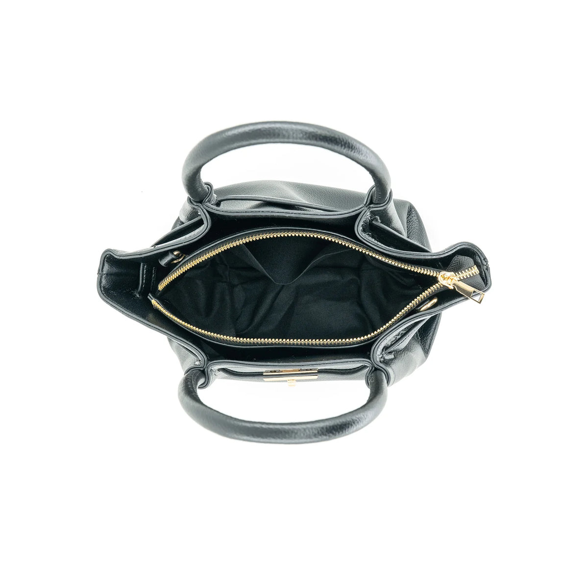 Black leather handbag shown from a top-down view, featuring dual top handles and an open top zip closure with a gold zipper pull.