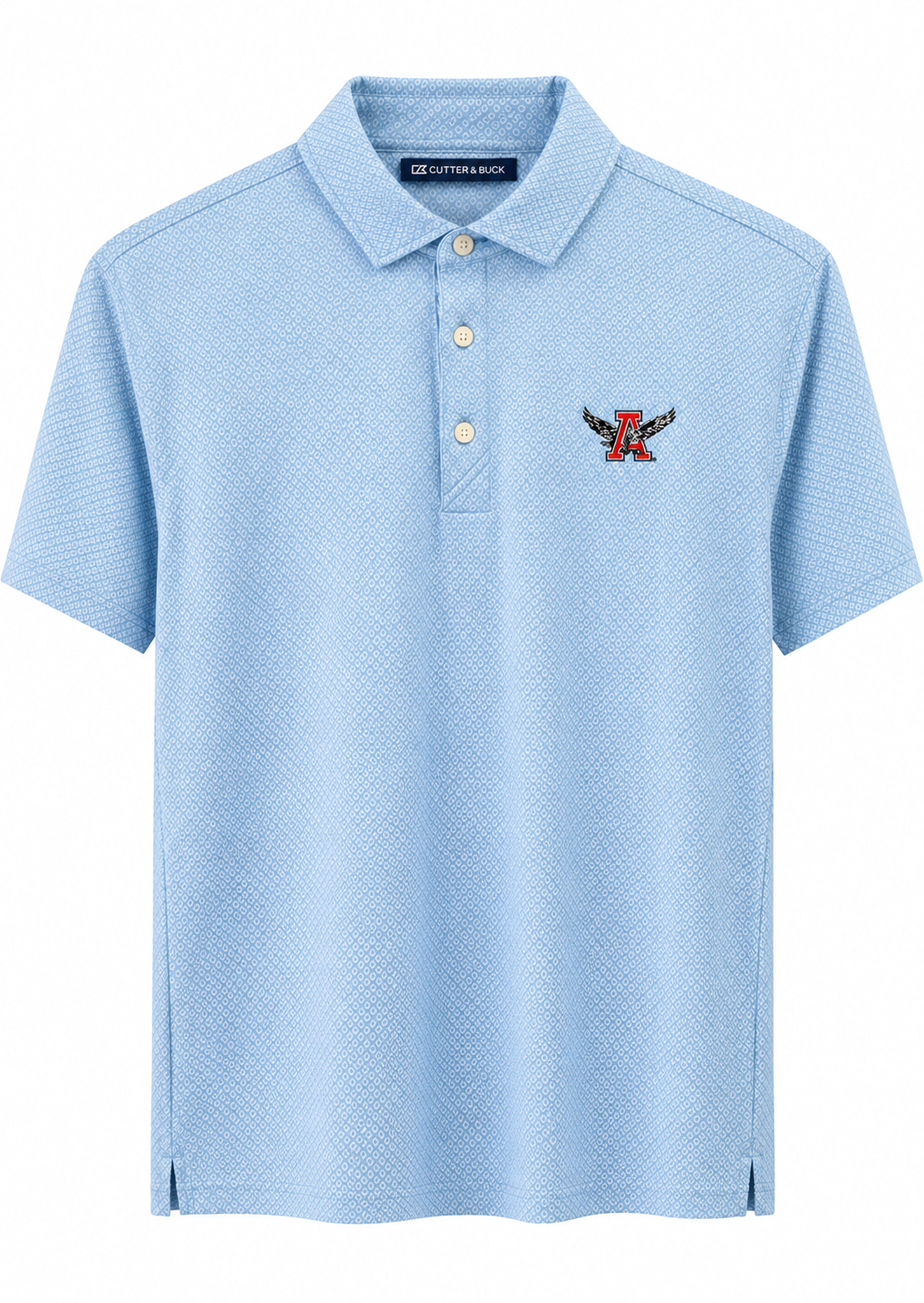 A light blue short-sleeve polo shirt with a textured piqué fabric, featuring a three-button placket and a small embroidered logo on the left chest.