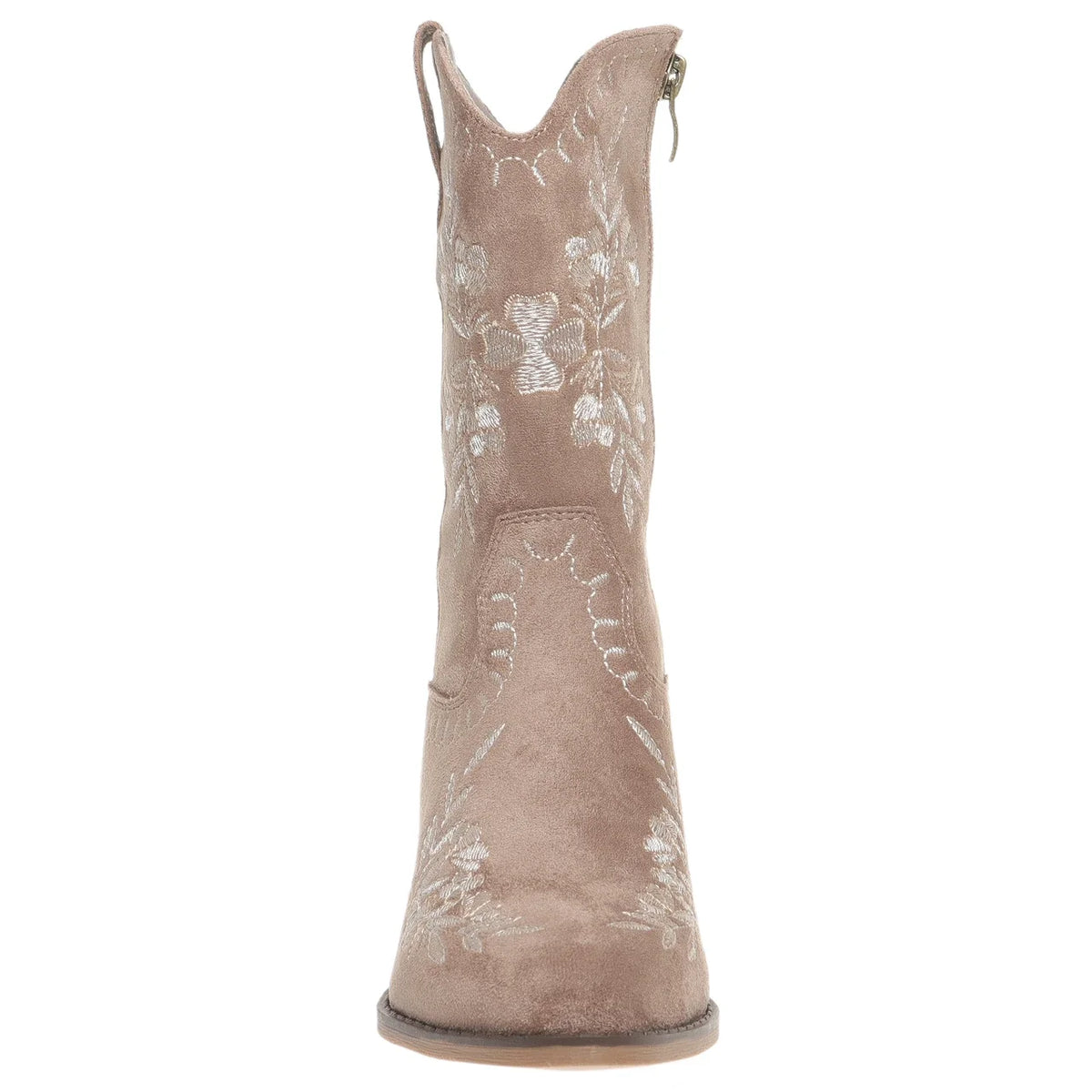 A single western-style ankle boot in taupe suede with white floral embroidery on the shaft and vamp, shown from a front-facing perspective against a solid white background.