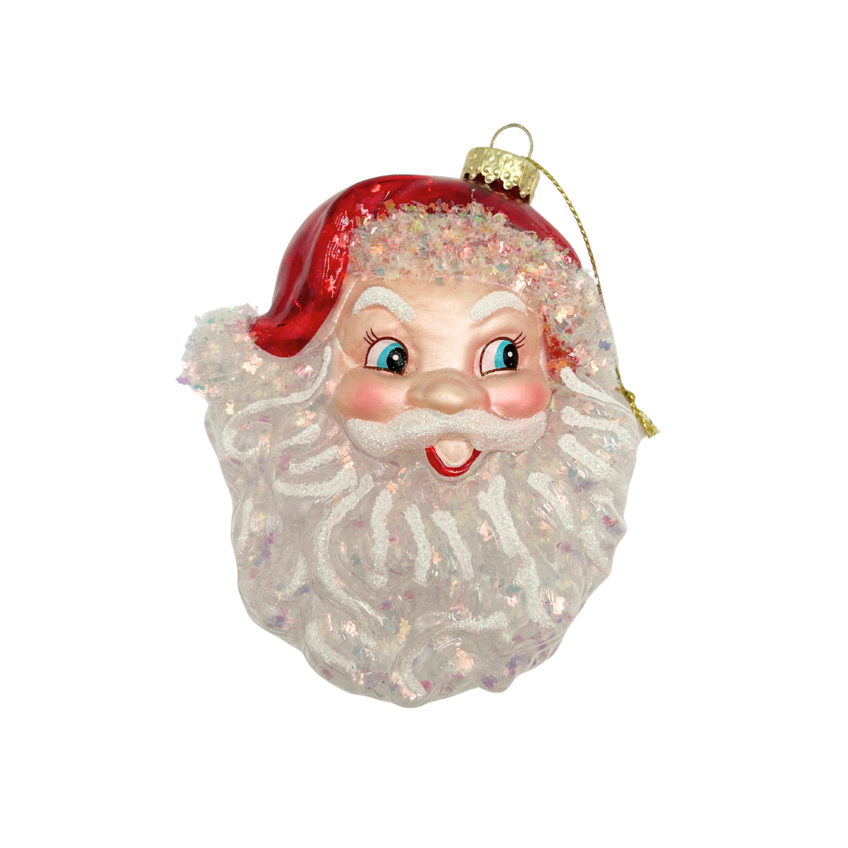 A glittery glass Christmas ornament shaped like Santa's face, featuring a red hat, white beard with pink and silver glitter, blue eyes, and a gold hanging loop.
