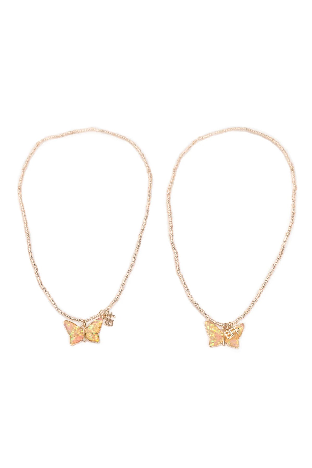 Two gold-tone beaded necklaces with pink and yellow butterfly pendants on a white background.