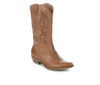 A single tan leather cowboy boot with decorative western embroidery on the shaft, shown from a three-quarters angle against a plain white background.