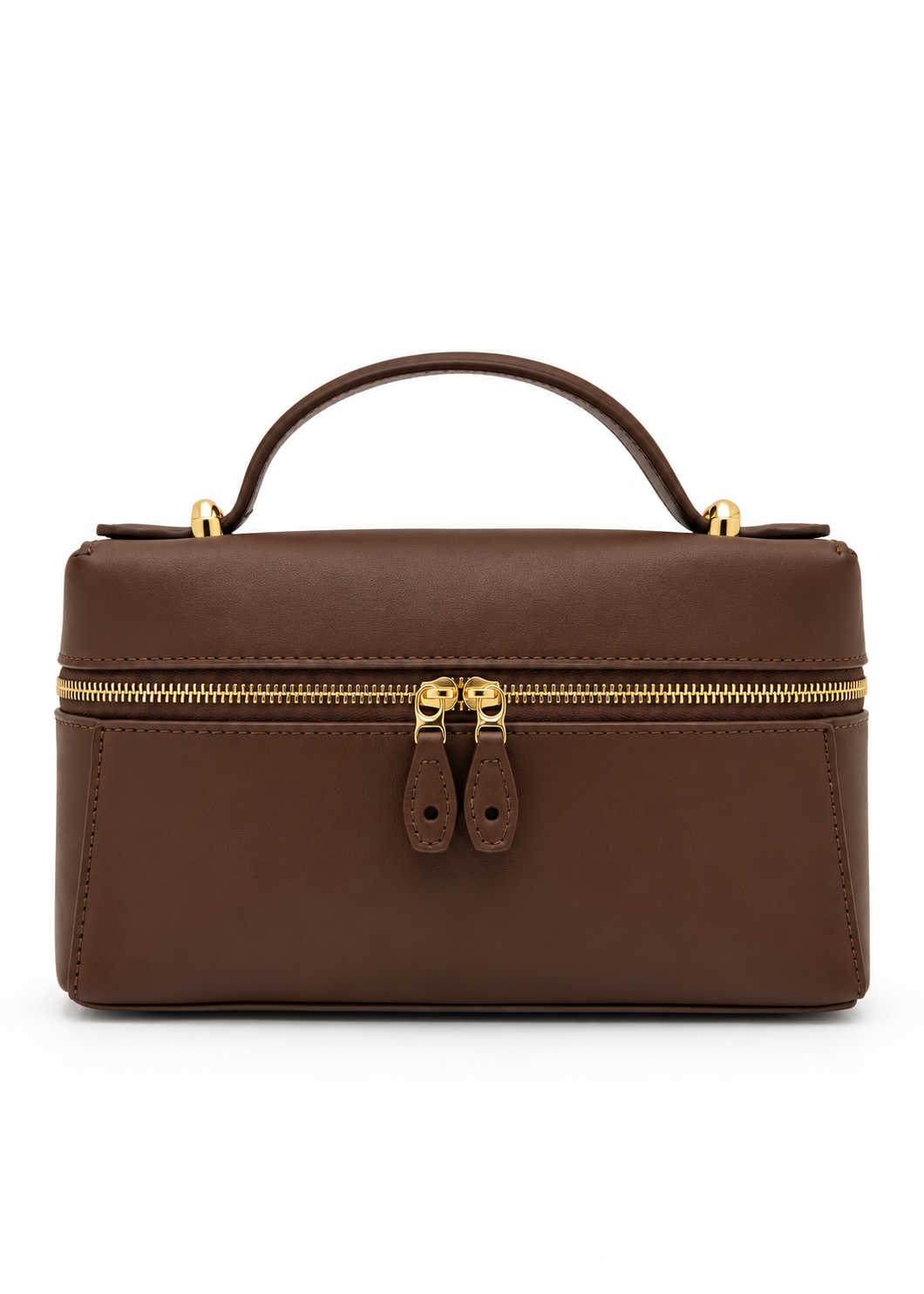 A dark brown leather top-handle handbag with a gold-tone zipper and hardware, shown against a plain white background.