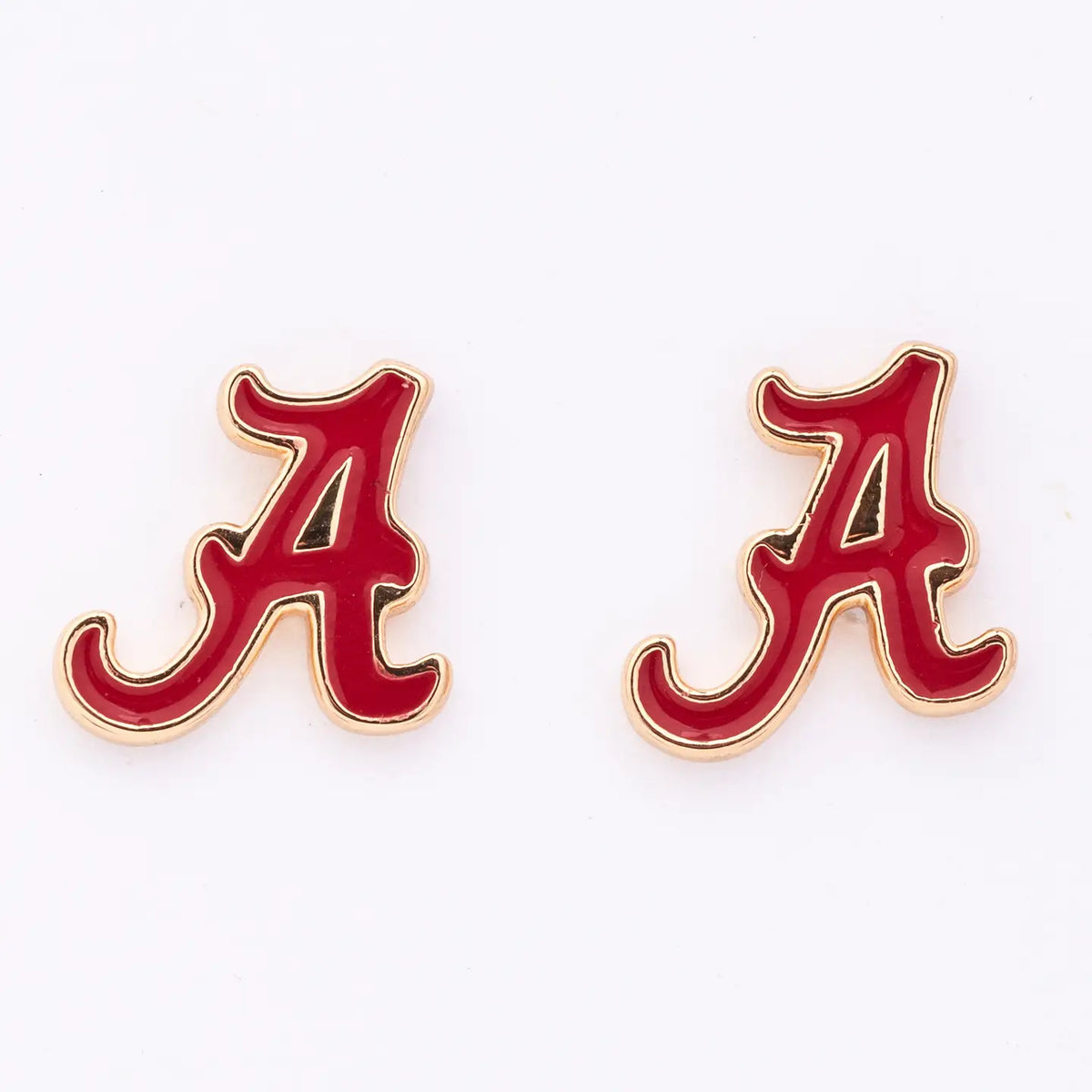 Red 'A' logo earrings on a white background