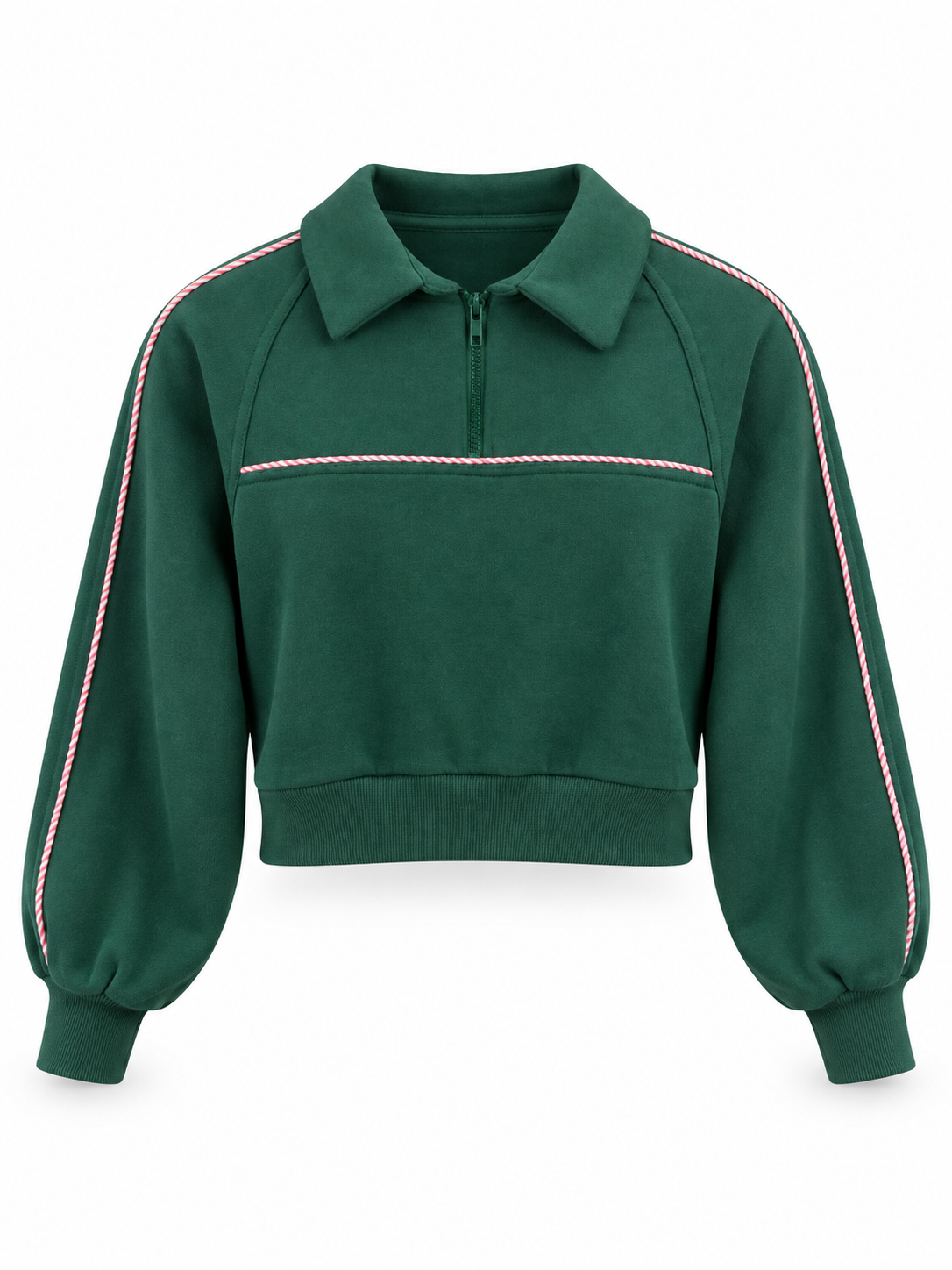 A dark green cropped half-zip sweatshirt with a collar, featuring pink and white rope-style stripe details running down the sleeves and across the chest, displayed on a clean white background.
