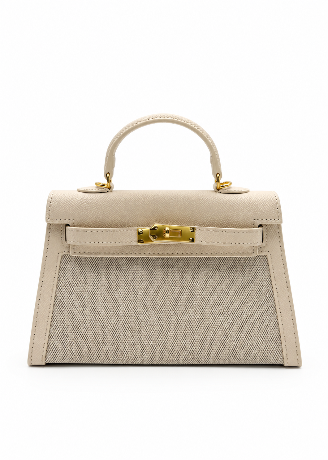 A structured top-handle handbag in light beige textured leather with gold-tone hardware, shown against a plain white background.