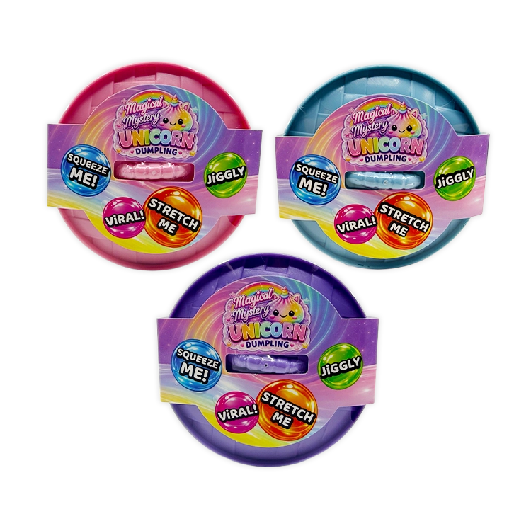 3 packaging of the mystery dumplings, one pink, one blue, and one purple.