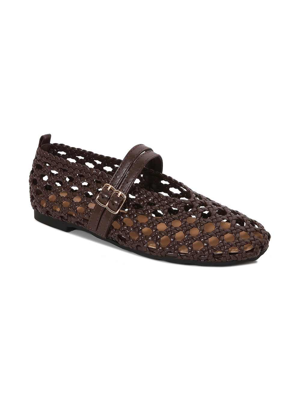 A single brown slip-on woven flat, shown in a side profile against a white background.