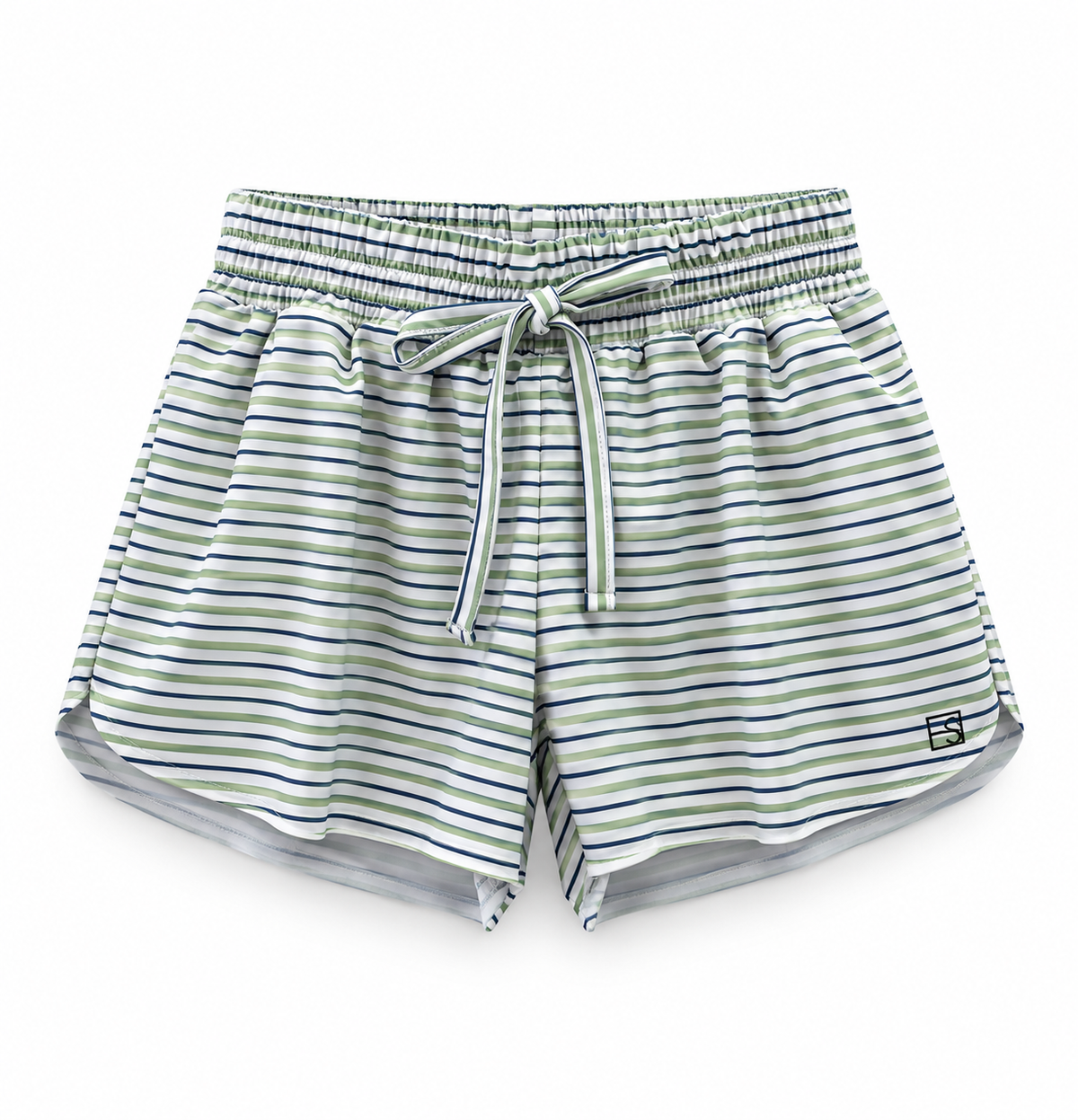 White athletic shorts with sage green and navy horizontal stripes, an elastic drawstring waistband, curved hems, and a small black logo on a white background.