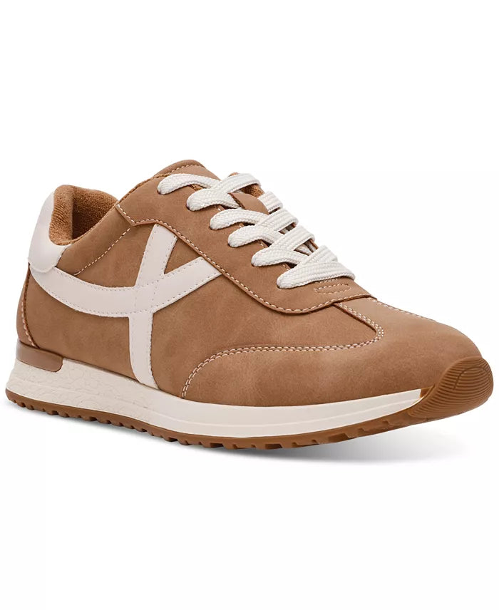 Brown sneaker with white contrast against a white background 