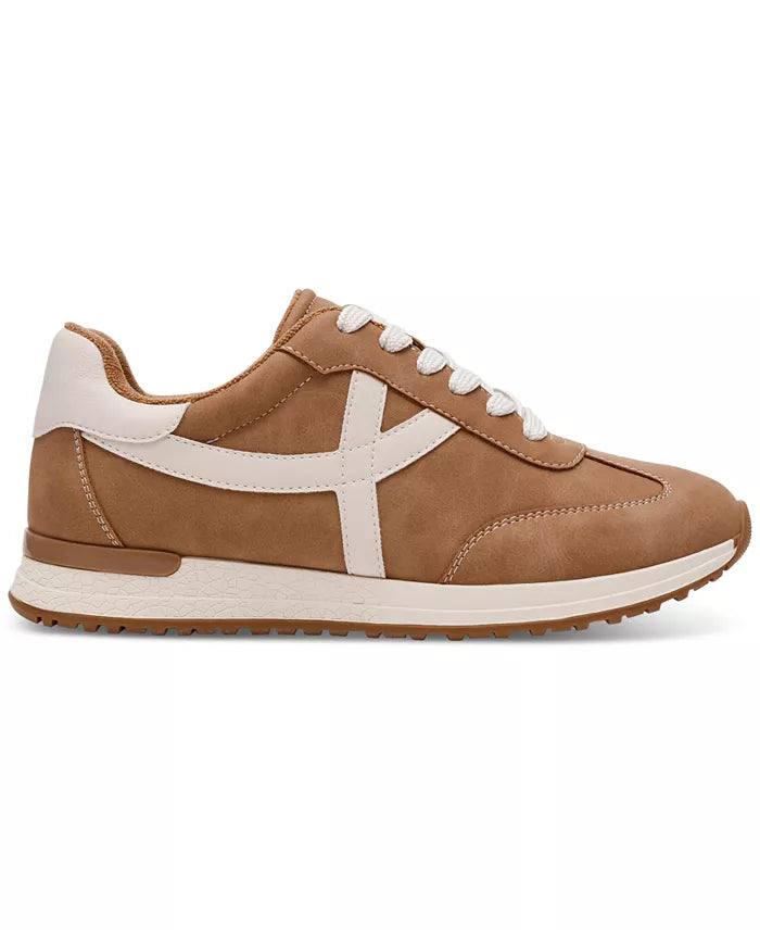 Brown sneaker with white contrast against a white background 
