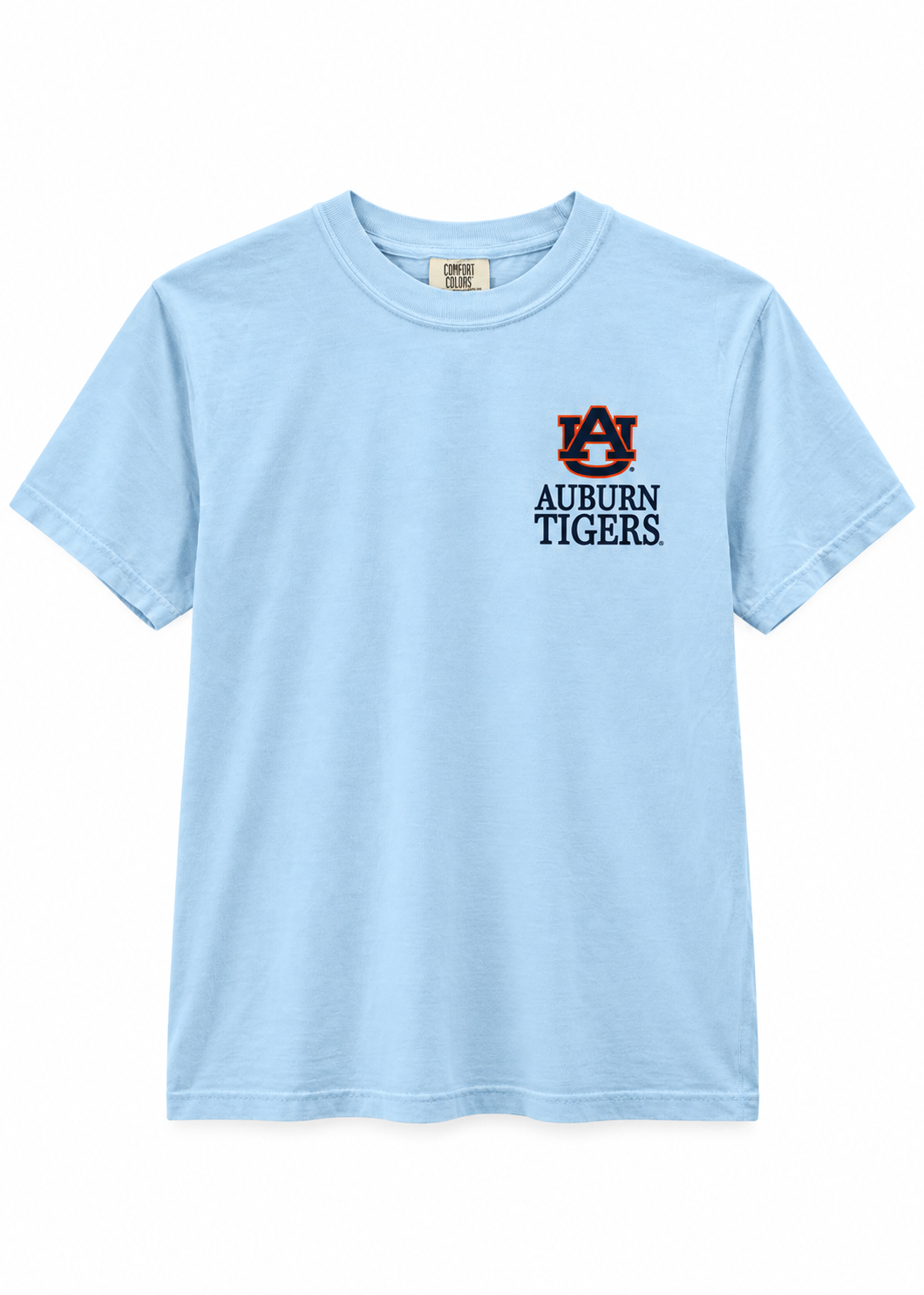 A light blue short-sleeve crewneck t-shirt featuring the Auburn Tigers logo and text printed on the left chest, displayed against a solid white background.