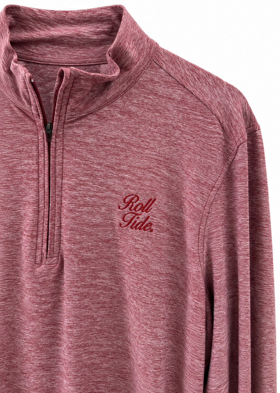 A close-up of a heathered dusty rose quarter-zip pullover with 'Roll Tide.' embroidered in matching red script on the left chest, shown against a plain white background.