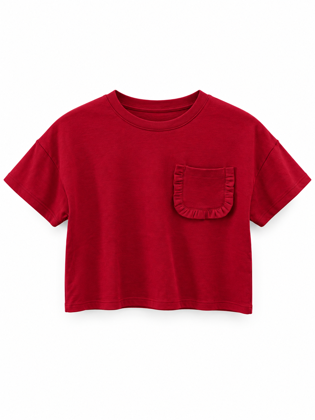Deep red cropped crewneck T-shirt with short sleeves and a ruffle-trimmed chest pocket on a white background.