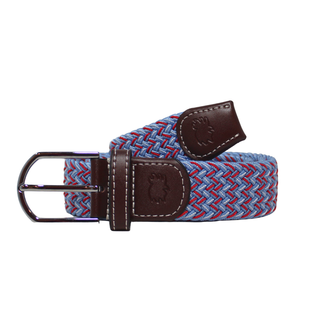 Blue and red woven belt with brown leather buckle on a white background