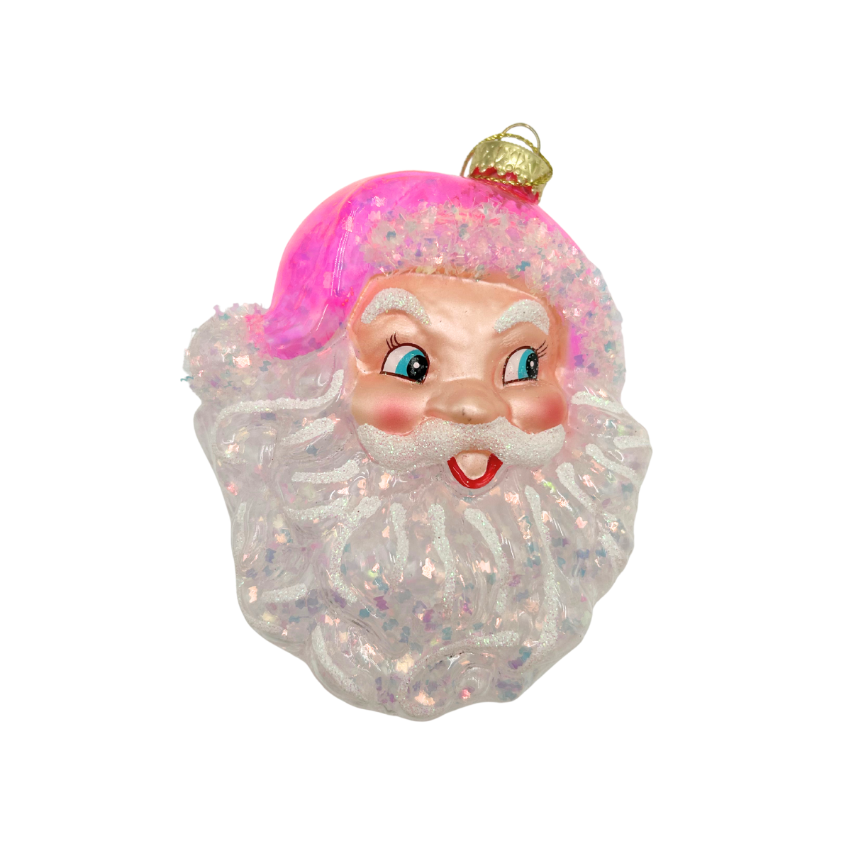 A glittery Christmas ornament shaped like Santa's face, featuring a bright pink hat, white beard with silver glitter, and a small gold hanging loop at the top, shown on a plain white background.