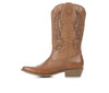 A single light brown leather cowboy boot with decorative stitched embroidery on the shaft, shown in profile against a plain white background.