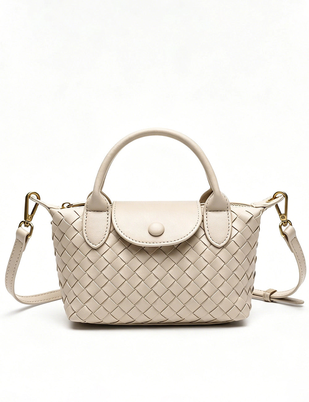 A light beige woven leather handbag with a top handle, a snap-button flap, and a detachable shoulder strap, shown against a plain white background.