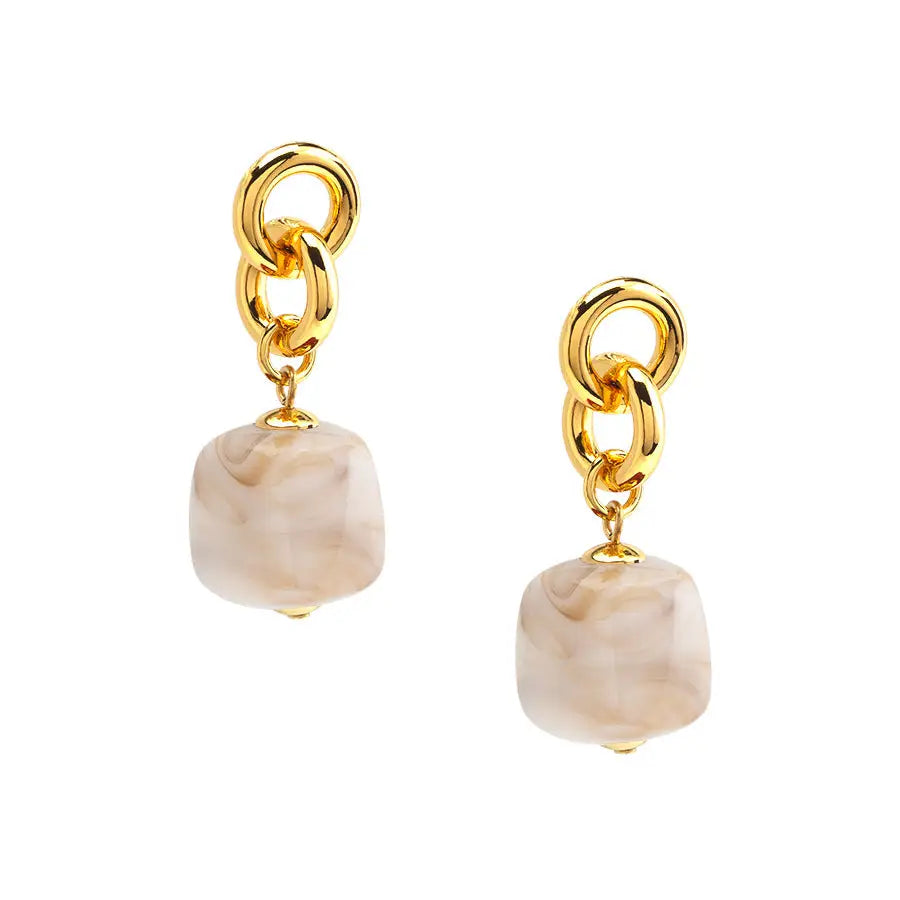 A pair of gold drop earrings featuring a polished gold chain link and a rounded, marbled beige stone dangle, shown against a plain white background.