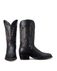 A pair of black leather cowboy boots with western-style stitching, shown from the side and back views on a plain white background.
