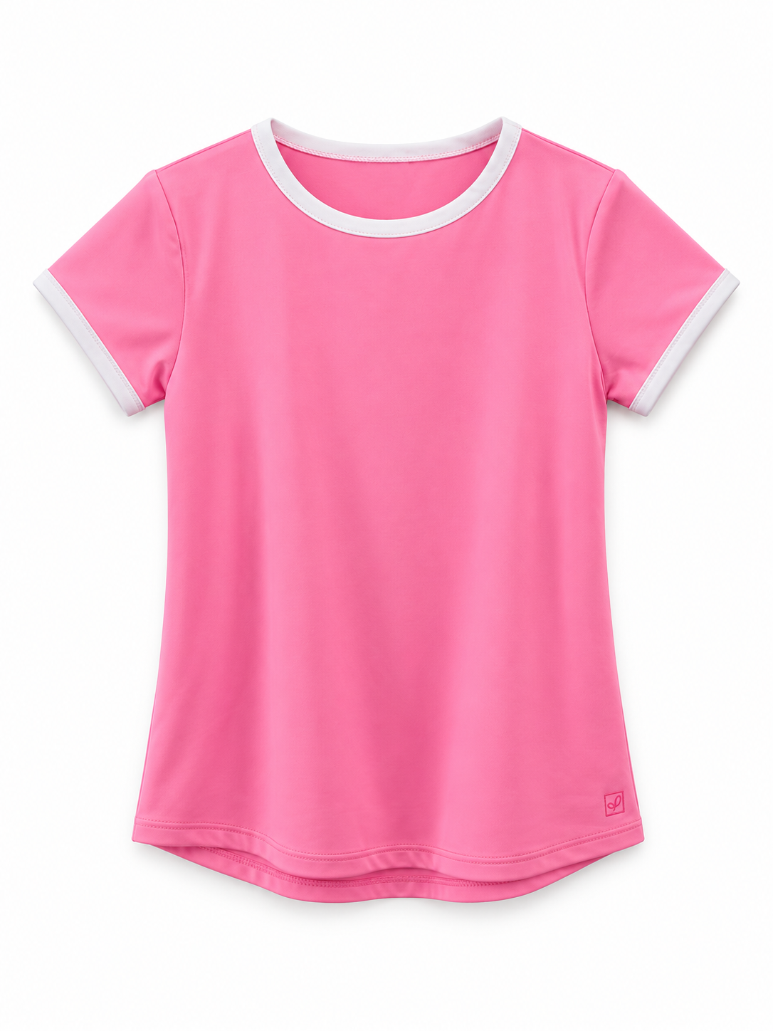 A pink short-sleeve ringer t-shirt with white trim on the crew neck and sleeve cuffs, shown flat against a white background.