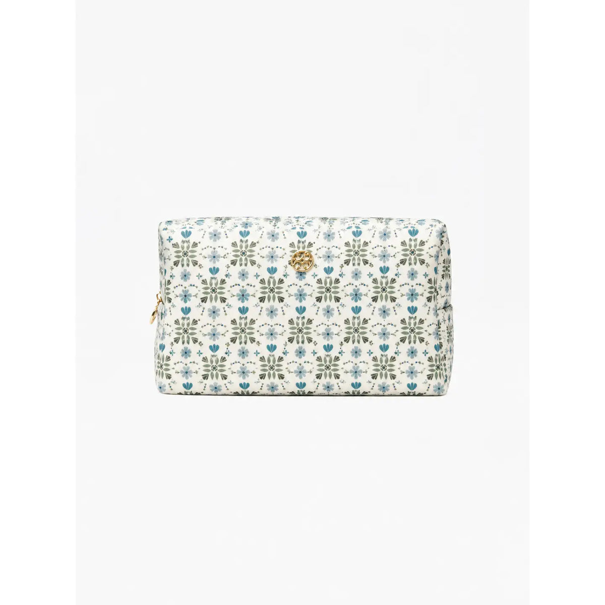 A rectangular cosmetic pouch with a white background and an all-over blue and green floral pattern, featuring a small gold-tone lion emblem on the front and a gold zipper pull on the left side.