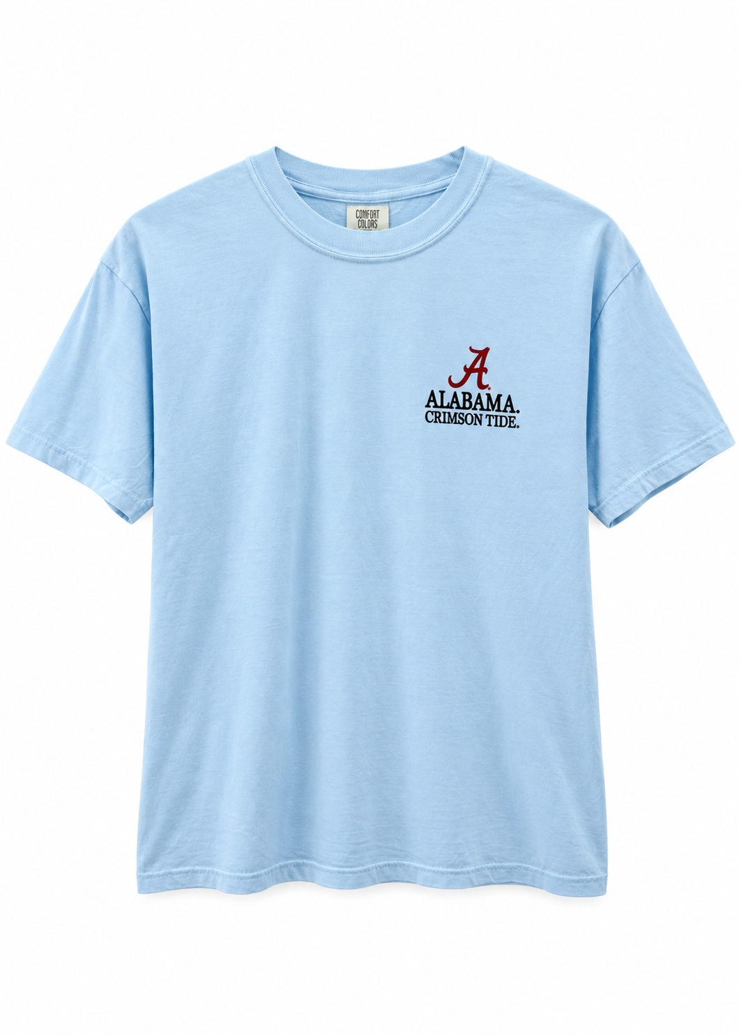 A light blue short-sleeve crewneck t-shirt featuring the Alabama Crimson Tide logo and text printed on the left chest.