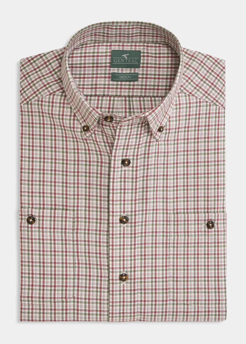 A folded long-sleeve button-down shirt by Brooks Brothers, featuring a fine red and green check pattern on a beige base, with a pointed collar and two chest pockets.